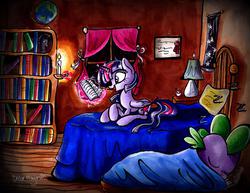 Size: 2192x1693 | Tagged: safe, artist:frostykat13, spike, twilight sparkle, alicorn, pony, g4, bed, book, candle, female, magic, mare, sleeping, traditional art, twilight sparkle (alicorn)