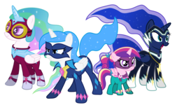 Size: 6000x3600 | Tagged: safe, artist:magister39, princess cadance, princess celestia, princess luna, radiance, saddle rager, zapp, oc, oc:white flare, alicorn, pony, g4, alicorn oc, clothes, costume, glare, goggles, grin, looking at you, mask, masked matter-horn costume, open mouth, power ponies, simple background, smiling, smirk, spread wings, transparent background, vector