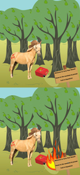 Size: 1556x3384 | Tagged: safe, applejack, g4, arson, comic, dark comedy, female, fire, gas, gasoline, hilarious in hindsight, hoers, irl horse, live action applejack, match, matches, orchard, pear, sign, solo, that pony sure does hate pears, tree, vandalism