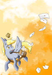 Size: 800x1142 | Tagged: safe, artist:yoonny92, derpy hooves, pegasus, pony, g4, female, flying, letter, mailbag, mare, solo