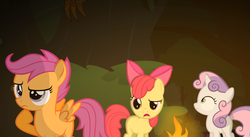 Size: 2126x1166 | Tagged: safe, artist:zacatron94, apple bloom, scootaloo, sweetie belle, g4, cutie mark crusaders, fire, frown, raised eyebrow, thinking