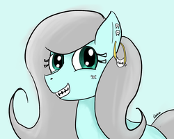 Size: 1280x1024 | Tagged: safe, artist:silence, oc, oc only, oc:straight smiles, earth pony, pony, braces, female, piercing, solo, straight smiles