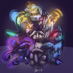 Size: 4000x3996 | Tagged: safe, artist:alumx, doctor whooves, princess celestia, princess luna, rainbow dash, time turner, g4, floppy ears, glare, grin, gritted teeth, hoof hold, knife, magic, mouth hold, scared, sitting, smiling, telekinesis, weapon