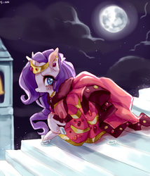 Size: 600x700 | Tagged: safe, artist:shanshantmblr, rarity, g4, the best night ever, clothes, dress, female, gala dress, glass slipper (footwear), looking at you, moon, night, sky, solo, stairs