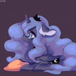 Size: 500x500 | Tagged: safe, artist:shanshantmblr, princess luna, g4, crying, female, floppy ears, pillow, prone, sad, solo, sparkles