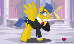 Size: 5354x3200 | Tagged: safe, artist:ladypixelheart, oc, oc only, oc:laugh track, pony, clothes, frock coat, glasses, solo, suit, tuxedo
