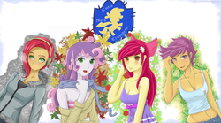 Size: 4500x2500 | Tagged: safe, artist:novaquinmat, apple bloom, babs seed, scootaloo, sweetie belle, human, g4, autumn, blushing, breasts, cleavage, clothes, cutie mark crusaders, flower, flower in hair, four seasons, headphones, humanized, midriff, older, older apple bloom, older babs seed, older scootaloo, older sweetie belle, spring, summer, tank top, winter