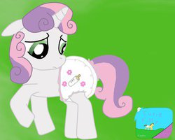 Size: 400x320 | Tagged: safe, artist:orangekittyab, sweetie belle, g4, diaper, female, filly, non-baby in diaper, poofy diaper, solo