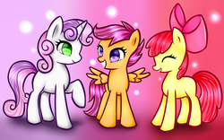 Size: 1024x637 | Tagged: safe, artist:sarahthepegasister, apple bloom, scootaloo, sweetie belle, earth pony, pegasus, pony, unicorn, g4, abstract background, apple bloom's bow, blank flank, bow, cute, cutie mark crusaders, eyes closed, female, filly, foal, hair bow, raised hoof, smiling, spread wings, wings