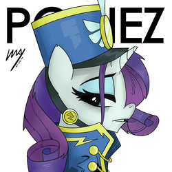 Size: 2000x2000 | Tagged: safe, artist:inkypsycho, rarity, pony, unicorn, g4, testing testing 1-2-3, ancient wonderbolts uniform, clothes, female, gorillaz, hat, high res, looking back, mare, ponified album cover, portrait, profile, sgt. rarity, shako, simple background, solo, uniform, white background