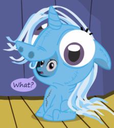 Size: 610x685 | Tagged: safe, artist:evil-dec0y, trixie, pony, unicorn, g4, clothes, confused, costume, female, floppy ears, frown, inception, looking at you, mare, one word, open mouth, pony costume, reaction image, sitting, solo, speech bubble, stage, wat, wide eyes