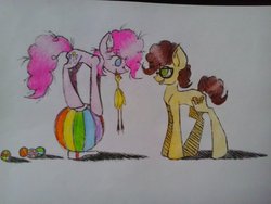 Size: 1024x768 | Tagged: safe, artist:nastynasti, boneless, cheese sandwich, pinkie pie, g4, beach ball, bowling pin, female, glasses, inflatable, male, ship:cheesepie, shipping, straight, traditional art