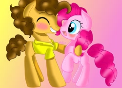 Size: 1048x762 | Tagged: safe, artist:keira-chann, cheese sandwich, pinkie pie, g4, blushing, female, male, ship:cheesepie, shipping, smiling, straight