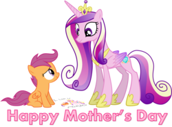 Size: 1326x974 | Tagged: safe, artist:bronybyexception, artist:kysss90, artist:sakatagintoki117, princess cadance, scootaloo, alicorn, pegasus, pony, g4, drawing, duo, duo female, female, filly, foal, folded wings, headcanon, heartwarming, jewelry, mare, mother's day, regalia, scootalove, simple background, transparent background, wings