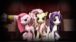 Size: 1024x576 | Tagged: safe, artist:snowkitty24, fluttershy, pinkie pie, rarity, g4, 3d, gmod, pinkamena diane pie