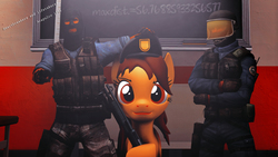 Size: 1920x1080 | Tagged: safe, artist:sourcerabbit, oc, oc only, oc:maría teresa de los ponyos paguetti, human, pony, 3d, balaclava, clothes, counter-strike: source, gun, helmet, police, shotgun, vest, weapon