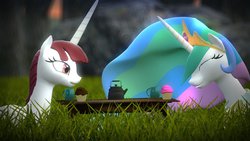 Size: 1024x577 | Tagged: safe, artist:snowkitty24, princess celestia, oc, oc:fausticorn, g4, 3d, gmod, lauren faust