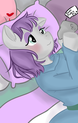 Size: 700x1100 | Tagged: safe, artist:senawaifu, boulder (g4), maud pie, g4, female, happy, on back, pillow, present, smiling, solo, when she smiles