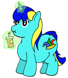 Size: 913x1046 | Tagged: safe, artist:fatponysketches, oc, oc only, oc:jester bells, pony, unicorn, drinking, fat, female, filly, hay burger, magic, solo, tumblr