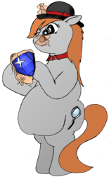 Size: 1473x2373 | Tagged: safe, artist:fatponysketches, oc, oc only, oc:quick shine, pony, unicorn, bipedal, bowler hat, chubby, cloth, collar, colored, emerald, fat, gem, hat, magnifying glass, male, polishing, redhead, solo, stone