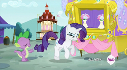 Size: 853x475 | Tagged: safe, screencap, rarity, spike, g4, inspiration manifestation, faic, hub logo, marshmelodrama, puppet theater, scrunchy face