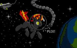 Size: 600x376 | Tagged: safe, artist:scalybeing, oc, oc only, orbit, pixel art, solo, space, spaceship, stars, tether
