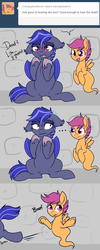Size: 520x1300 | Tagged: safe, artist:lulubell, scootaloo, oc, oc:night watch, bat pony, ghost, pony, ask night watch, g4, nope, scared, tumblr
