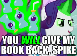 Size: 942x690 | Tagged: safe, artist:the smiling pony, rarity, g4, inspiration manifestation, bibliovore, image macro, inspirarity, levitation, magic, prune juice, telekinesis