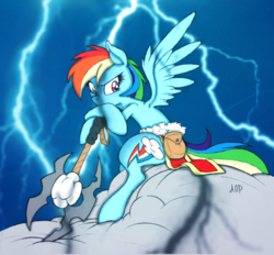 Size: 1613x1500 | Tagged: safe, artist:dfectivedvice, artist:thepolymath, rainbow dash, g4, axe, bag, battle axe, cloud, cloudy, colored, fantasy class, female, lightning, sitting, solo, warrior, weapon