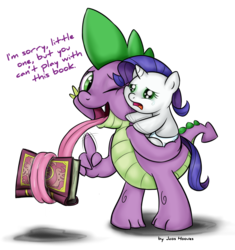 Size: 1762x1875 | Tagged: safe, artist:jcosneverexisted, rarity, spike, dragon, pony, unicorn, g4, inspiration manifestation, age regression, babity, baby, baby pony, bibliovore, dialogue, diaper, drool, filly, foal, horn, inspirarity, inspiration manifestation book, simple background, tentacle tongue, transparent background