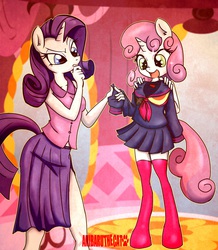 Size: 1785x2049 | Tagged: safe, artist:anibaruthecat, rarity, sweetie belle, unicorn, anthro, g4, anime, carousel boutique, clothes, clothes in front, crossover, cute, diasweetes, dressup, duo, female, kamui, kill la kill, open mouth, sailor uniform, school uniform, senketsu, side slit, skirt, smiling, sparkles, thigh boots, thinking