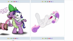 Size: 1136x640 | Tagged: safe, rarity, spike, sweetie belle, derpibooru, g4, exploitable meme, juxtaposition, juxtaposition win, meme, meta