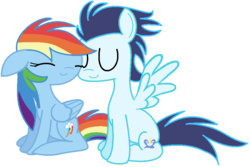 Size: 912x609 | Tagged: dead source, safe, artist:digital-pony-artist, rainbow dash, soarin', g4, backwards cutie mark, cuddling, eyes closed, female, floppy ears, male, ship:soarindash, shipping, sitting, smiling, snuggling, spread wings, straight