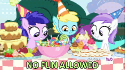 Size: 1440x810 | Tagged: safe, screencap, flashfluff, plumberry, titania, shrimp, g4, inspiration manifestation, 5-year-old, animated, apple, bowl, cake, candy, cupcake, cute, dilated pupils, eye shimmer, filly, floppy ears, food, frown, fruit, grin, hat, hors d'oeuvre, hub logo, hubble, image macro, meme, no fun allowed, open mouth, party hat, plate, sad, smiling, the hub, this will not end well