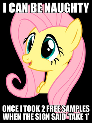 Size: 750x1000 | Tagged: safe, fluttershy, g4, caption, everything is ruined, exploitable meme, female, first world anarchist, free sample, image macro, meme, painfully innocent fluttershy, pure unfiltered evil, solo, text