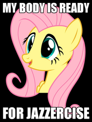 Size: 750x1000 | Tagged: safe, fluttershy, g4, bait and switch, caption, exploitable meme, female, image macro, innocent innuendo, jazzercise, meme, painfully innocent fluttershy, paraprosdokian, solo, text