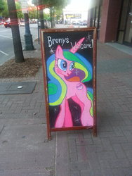 Size: 774x1032 | Tagged: safe, pony, brony, chalk, chalk drawing, irl, misspelling, moon pie, photo, ponified, sign, solo, traditional art