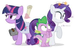 Size: 1050x690 | Tagged: safe, artist:dm29, rarity, spike, twilight sparkle, alicorn, pony, g4, inspiration manifestation, book, circling stars, derp, female, inspiration manifestation book, magic, mare, simple background, transparent background, trio, twilight sparkle (alicorn), twilight sparkle is not amused, unamused