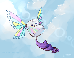 Size: 1071x845 | Tagged: safe, artist:eshredder, rarity, food pony, original species, g4, sonic rainboom (episode), :3, female, flying, glimmer wings, horned marshmallow, lens flare, marshmallow, rarity is a marshmallow, scene parody, solo, tailed marshmallow, wat, winged marshmallow