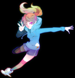 Size: 7800x8077 | Tagged: safe, artist:pachiiri, rainbow dash, human, g4, absurd resolution, action pose, clothes, female, hoodie, humanized, ponytail, rainbow socks, shorts, socks, solo, striped socks, winged shoes
