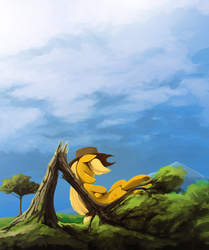 Size: 2000x2393 | Tagged: safe, artist:dimfann, applejack, g4, female, high res, outdoors, resting, solo, tree