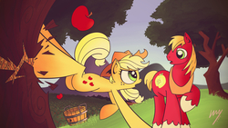 Size: 3840x2160 | Tagged: dead source, safe, artist:inkypsycho, applejack, big macintosh, earth pony, pony, g4, apple, apple orchard, bucking, destruction, high res, male, orchard, stallion, talking, tree, working