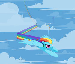 Size: 1994x1683 | Tagged: safe, artist:inlucidreverie, rainbow dash, pegasus, pony, g4, cloud, cloudy, female, flying, grin, mare, rainbow trail, smirk, solo, speed trail, spread wings, trail, underhoof