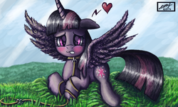 Size: 854x512 | Tagged: safe, artist:dreamyskies, twilight sparkle, alicorn, pony, g4, 3ds, blushing, collar, female, heart, heart eyes, horn, leash, mare, pet play, pettwi, scenery, shy, solo, twilight sparkle (alicorn), wingding eyes, wings