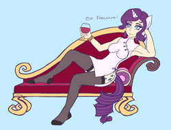 Size: 1280x978 | Tagged: safe, artist:mintyverse, rarity, human, g4, clothes, cutie mark, fainting couch, female, horn, horned humanization, humanized, socks, solo, stockings, tailed humanization, wine