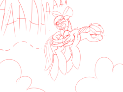 Size: 1600x1200 | Tagged: safe, artist:conicer, apple bloom, rainbow dash, g4, clinging, flying, monochrome, screaming