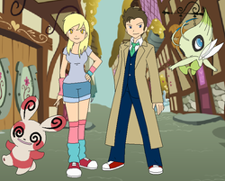 Size: 724x581 | Tagged: safe, artist:selenaede, derpy hooves, doctor whooves, time turner, celebi, human, spinda, g4, blazer, clothes, converse, crossover, humanized, overcoat, pants, pokémon, shirt, shorts, sideburns, tenth doctor, tis-hirt, trailers