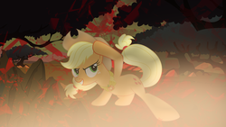 Size: 2560x1440 | Tagged: safe, artist:huskyfan, artist:jeatz-axl, applejack, g4, element of honesty, everfree forest, female, hat, solo, vector, wallpaper