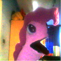 Size: 240x240 | Tagged: safe, pinkie pie, g4, irl, low quality, photo, picture taken with a potato, puppet, wat