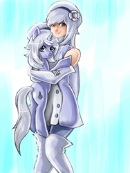 Size: 6000x8000 | Tagged: safe, artist:checkerboardazn, pony, unicorn, absurd resolution, aila jyrkiainen, clothes, cute, evening gloves, funnel cake, gloves, gundam, gundam build fighters, holding a pony, hug, looking at you, looking back, painting, ponified, smiling
